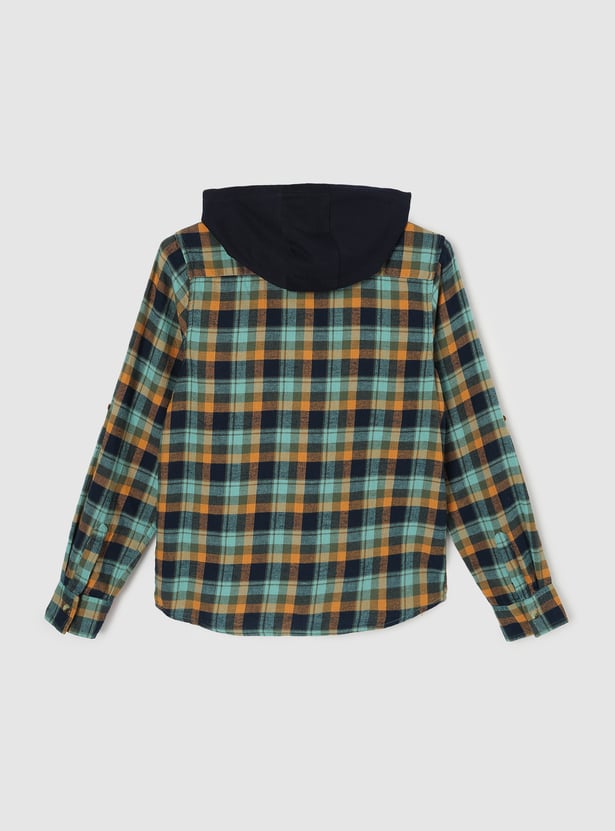 Boys Checked Hooded Shirt