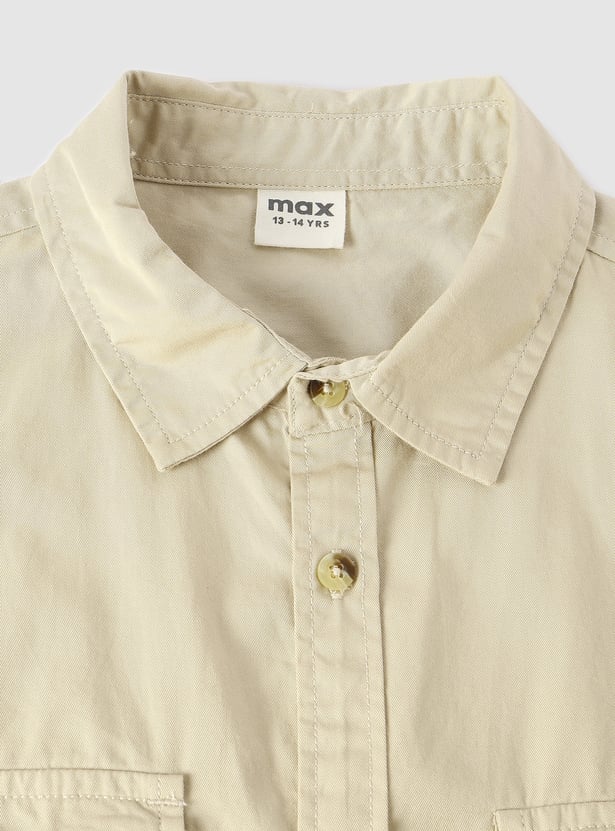 Boys Solid Utility Shirt with Double Pockets