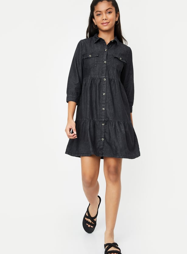 Girls Solid Denim Shirt Dress