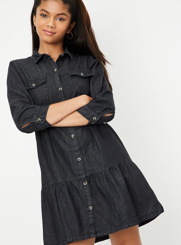 Girls Solid Denim Shirt Dress