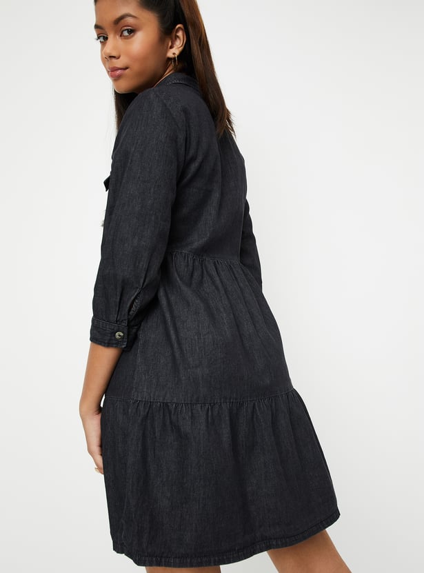 Girls Solid Denim Shirt Dress