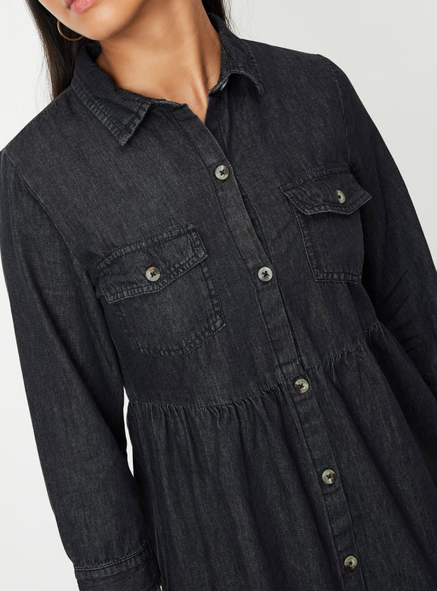 Girls Solid Denim Shirt Dress