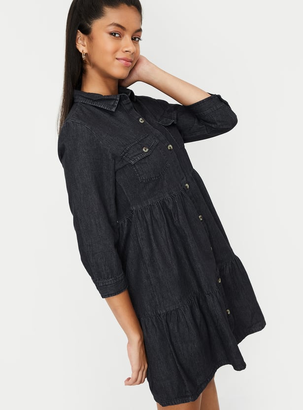 Girls Solid Denim Shirt Dress