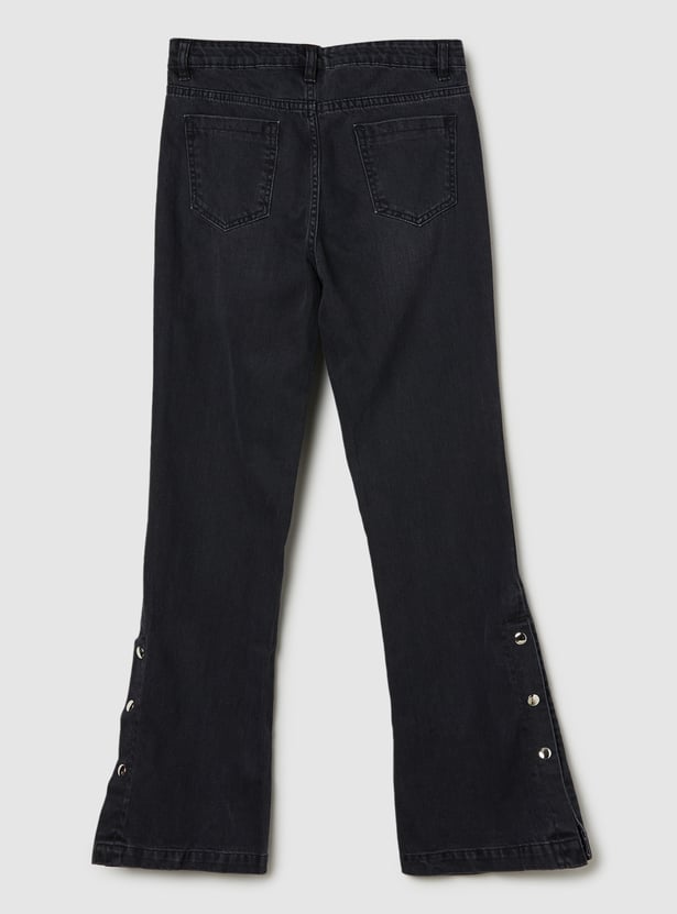 Girls Washed Flared Jeans with Side Buttons