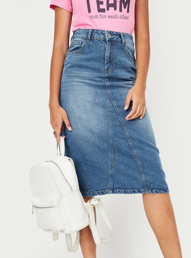 Girls Faded Midi Denim Skirt