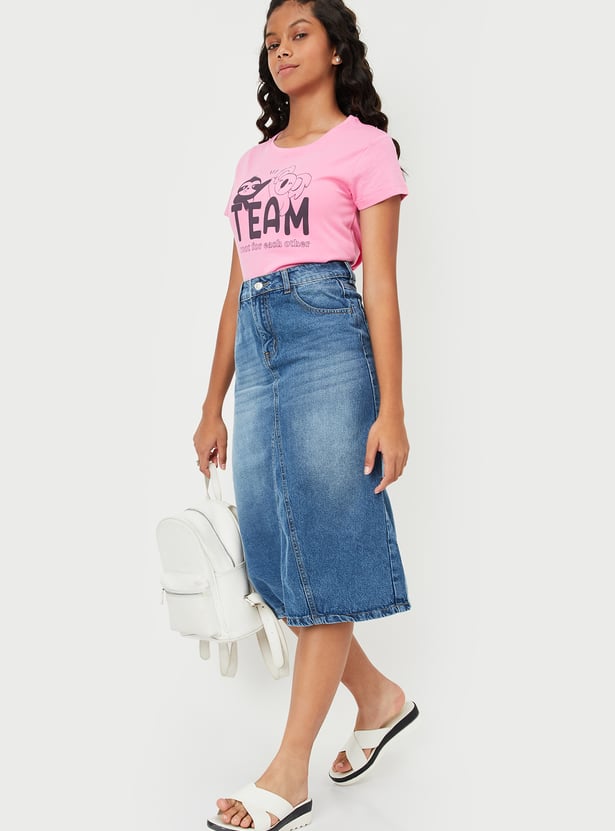 Girls Faded Midi Denim Skirt