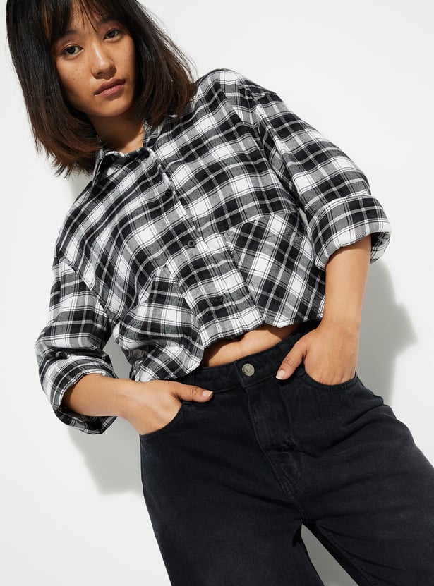 ALAYA F x URB_N Women Checked Yarn Dyed Cropped Shirt