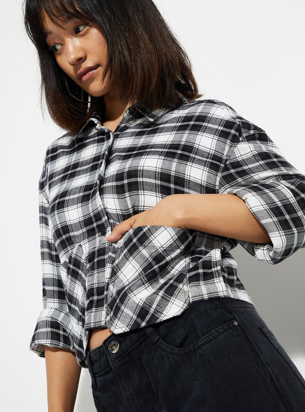 ALAYA F x URB_N Women Checked Yarn Dyed Cropped Shirt