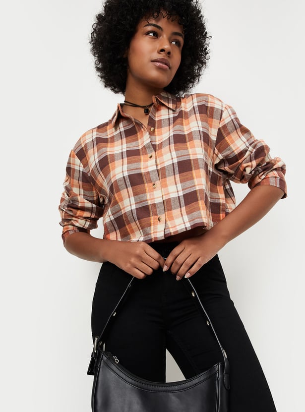 Women Checked Yarn Dyed Cropped Shirt