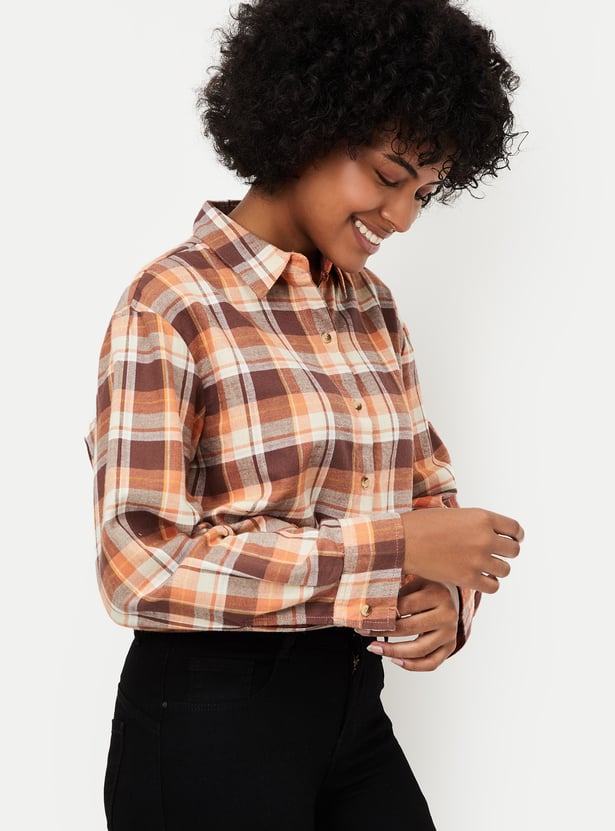 Women Checked Yarn Dyed Cropped Shirt