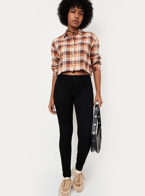 Women Checked Yarn Dyed Cropped Shirt