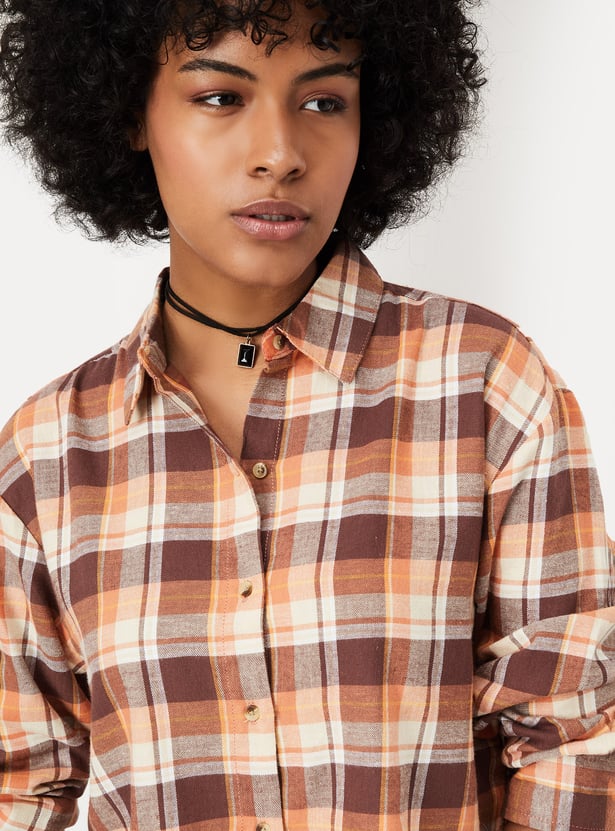 Women Checked Yarn Dyed Cropped Shirt