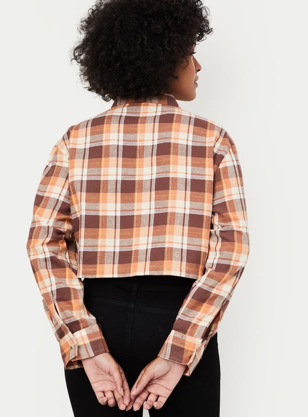 Women Checked Yarn Dyed Cropped Shirt