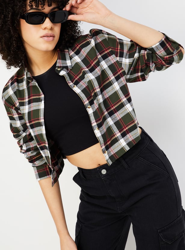 Women Checked Yarn Dyed Cropped Shirt