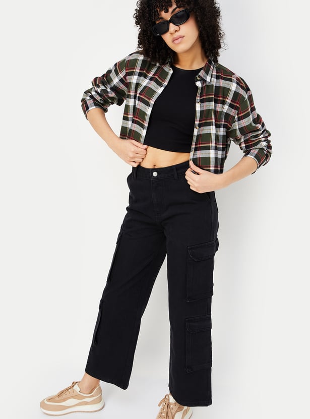 Women Checked Yarn Dyed Cropped Shirt