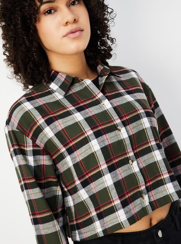 Women Checked Yarn Dyed Cropped Shirt