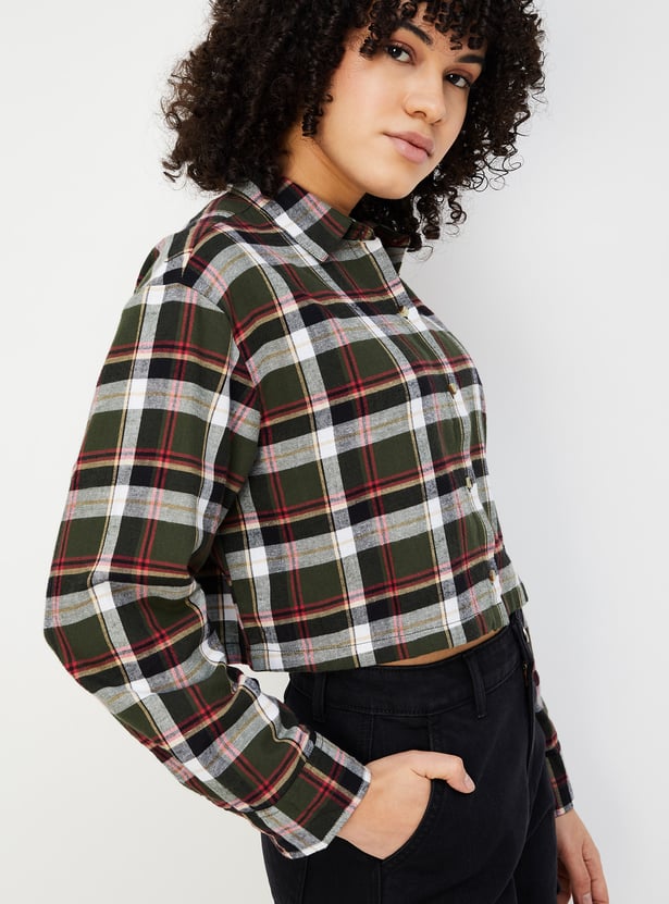 Women Checked Yarn Dyed Cropped Shirt