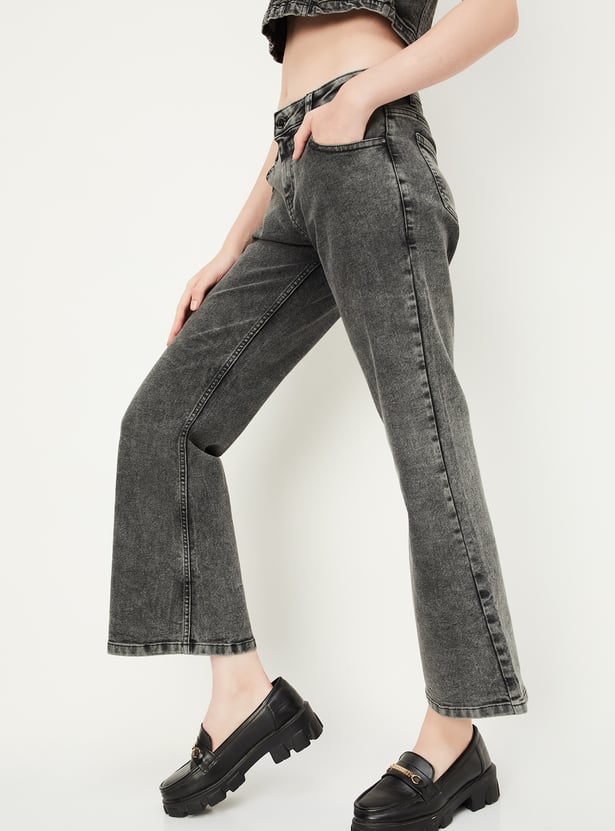 Women Stonewashed Kick Flare Jeans