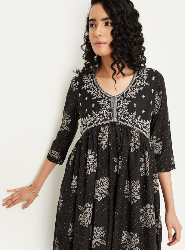 Women's Black Printed A-Line Kurta