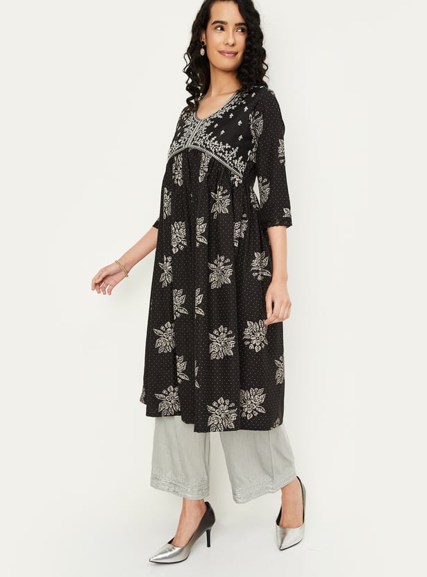 Plus Size Black Printed A-Line kurta With Cowl Hemline