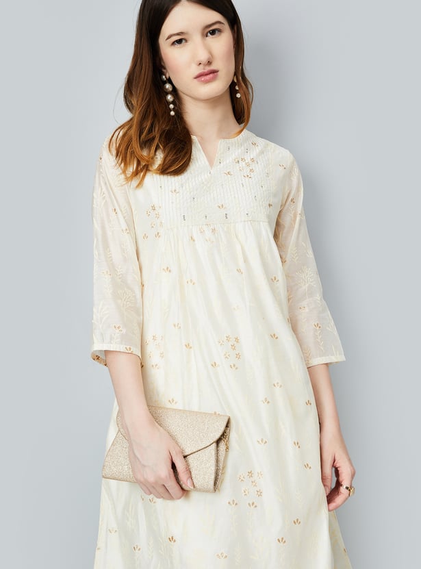 Women White Mirror Embroidered A-Line Kurta With Pants
