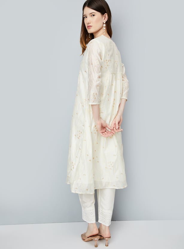 Plus Size Off White Embroidered A-Line Kurta Trousers Set
