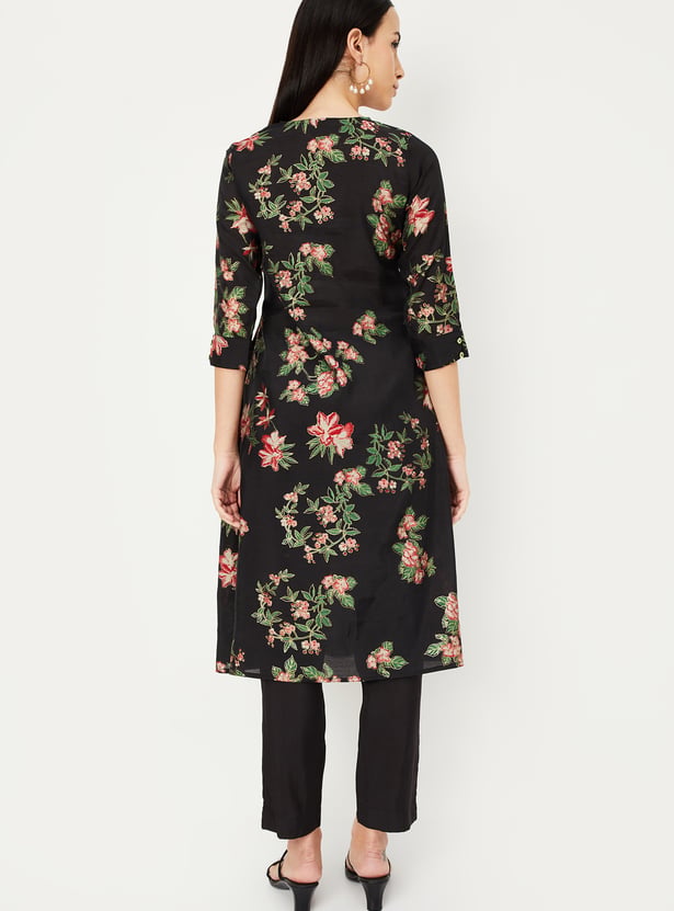 Green Floral Printed A-line kurta Set main image 1