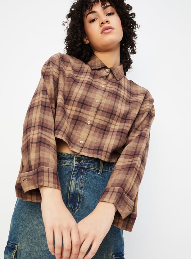 ALAYA F x URB_N Women Checked Yarn Dyed Crop Shirt