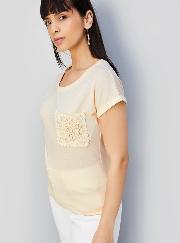 Women Solid T-shirt with Crochet Pocket