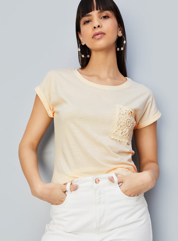 Women Solid T-shirt with Crochet Pocket