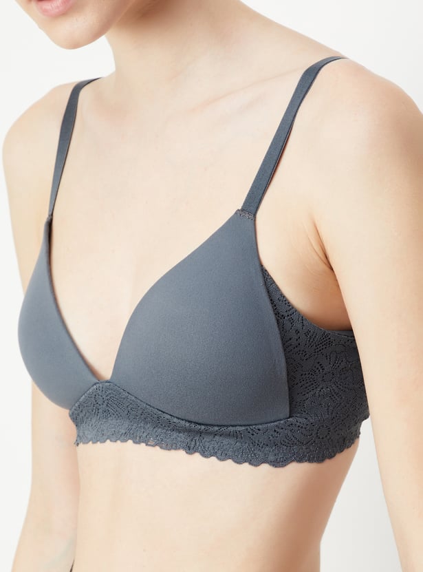 Women Lace Panel Padded Non-Wired Bra