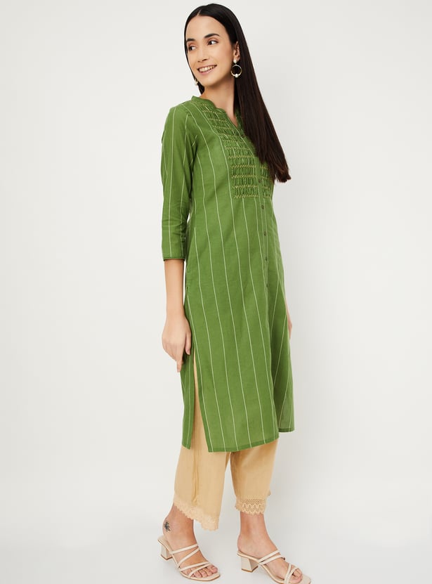 Women's Green Striped Straight Kurta
