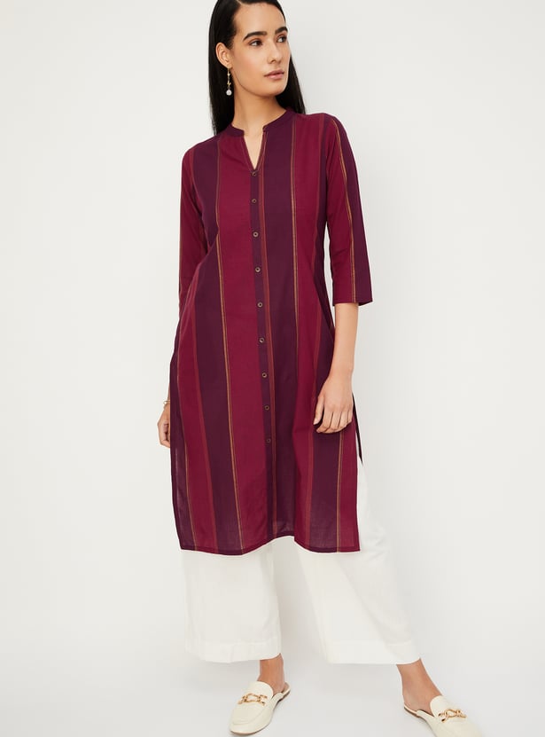 Purple Striped Straight Cotton Kurta