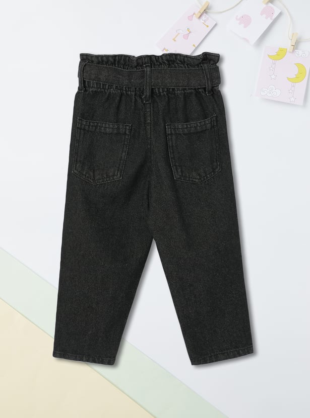 Girls Slim Fit Belted Rinsed Jeans