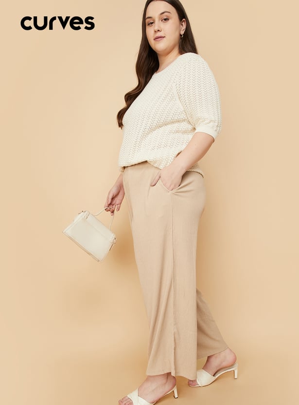 Women Textured Knit Flared Trousers