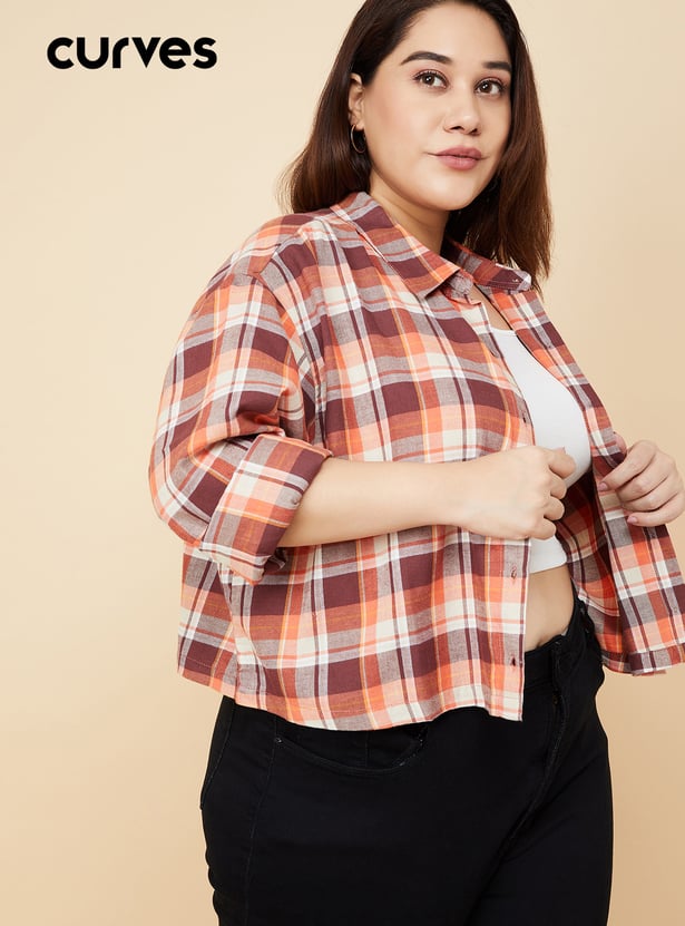 Women Checked Yarn Dyed Cropped Shirt