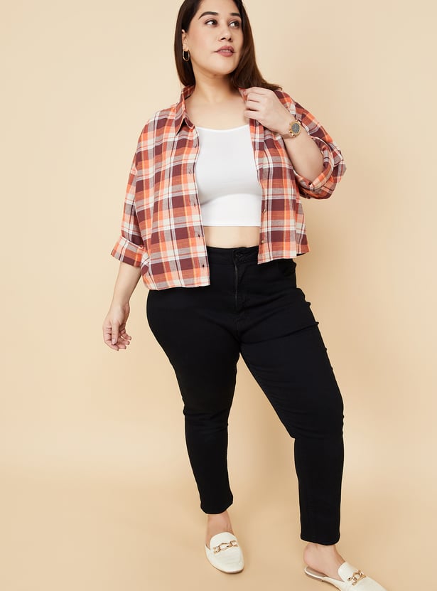 Women Checked Yarn Dyed Cropped Shirt