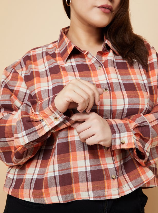 Women Checked Yarn Dyed Cropped Shirt