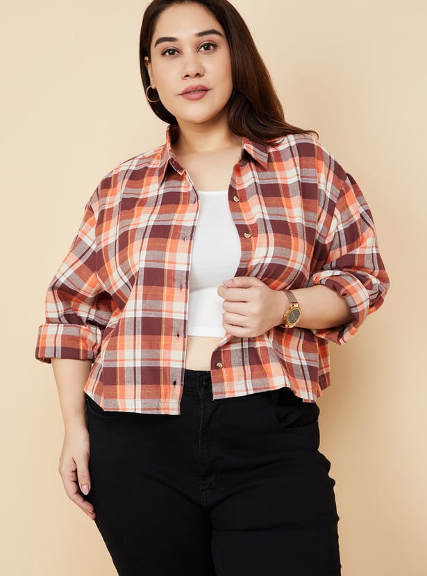 Women Checked Yarn Dyed Cropped Shirt