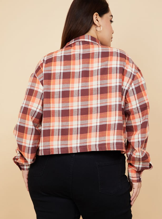 Women Checked Yarn Dyed Cropped Shirt