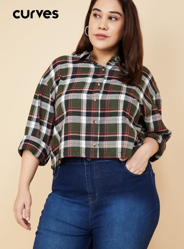 Women Checked Yarn Dyed Cropped Shirt