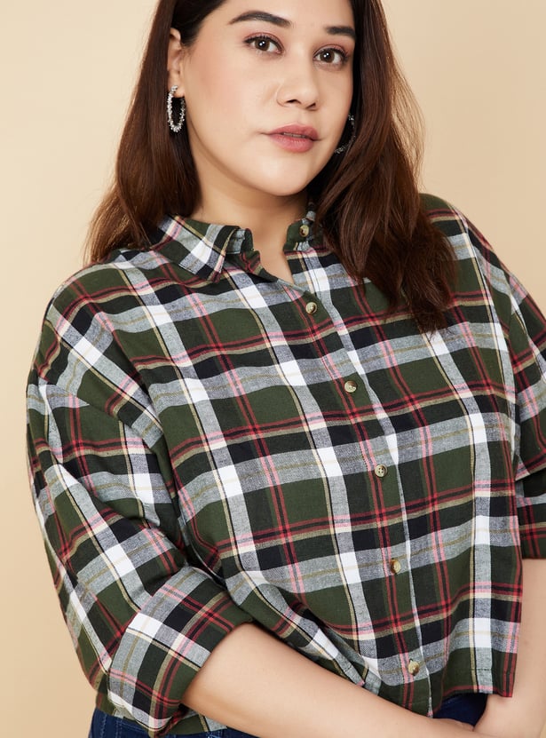 Women Checked Yarn Dyed Cropped Shirt