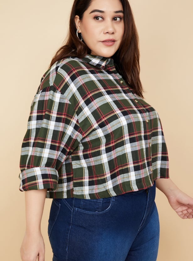 Women Checked Yarn Dyed Cropped Shirt