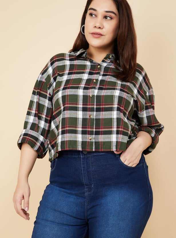 Women Checked Yarn Dyed Cropped Shirt