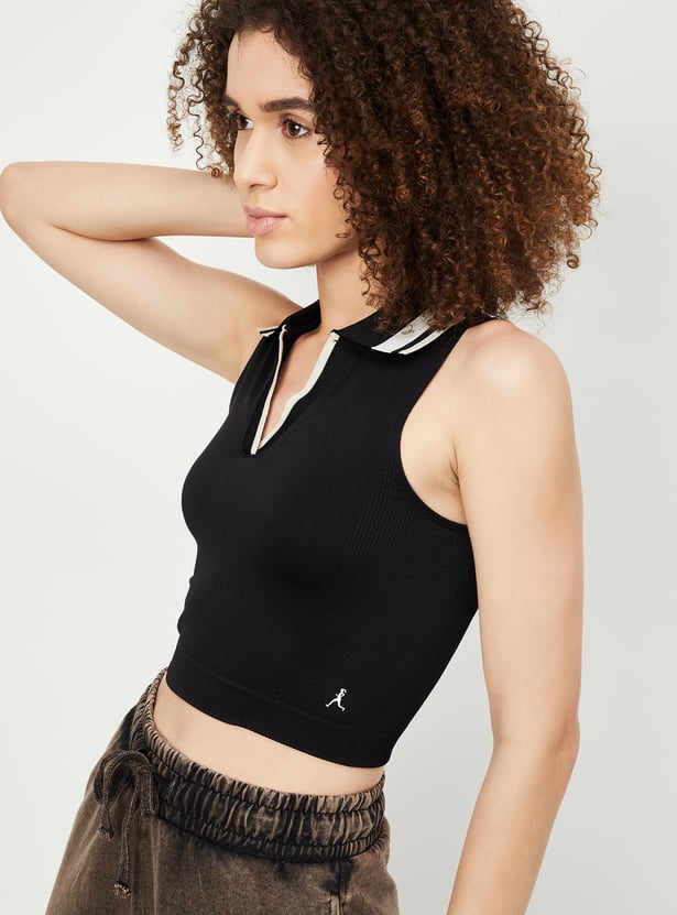 Women Solid Collared Crop Top