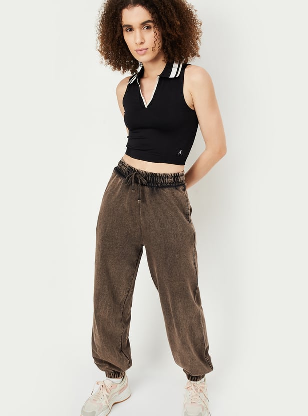 Women Solid Collared Crop Top