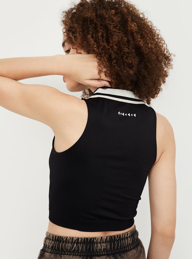 Women Solid Collared Crop Top