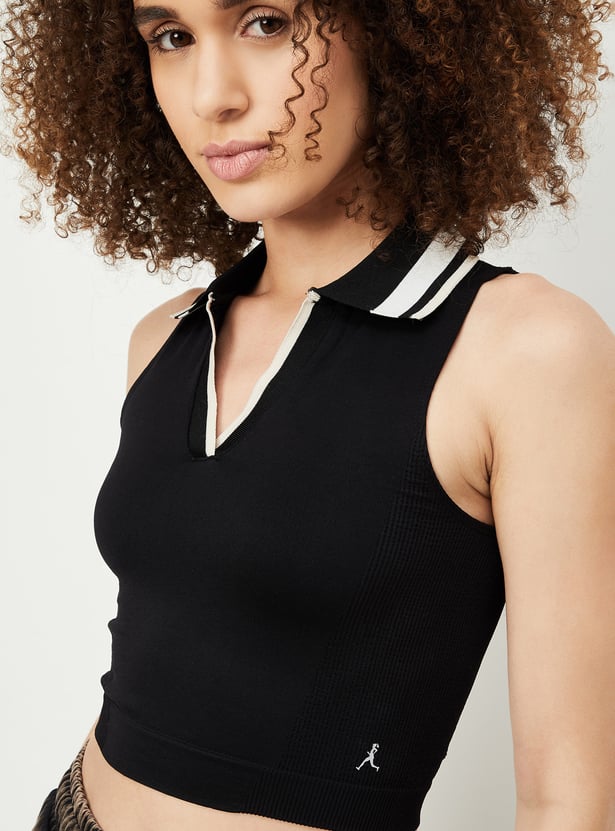 Women Solid Collared Crop Top