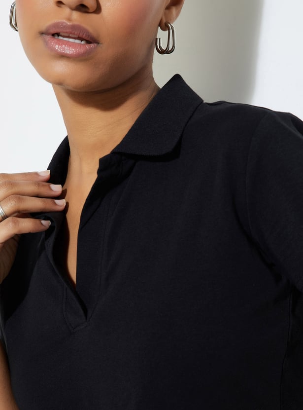 URB_N Women Solid Cropped Polo T-shirt