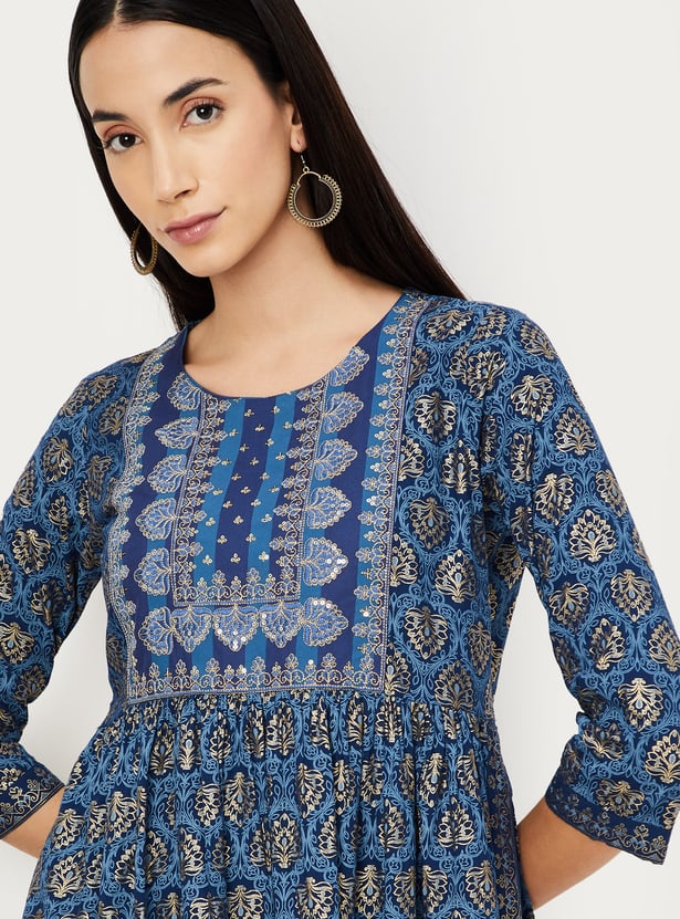 Women Liva Turquoise Blue Foil Print Kurta main image 1